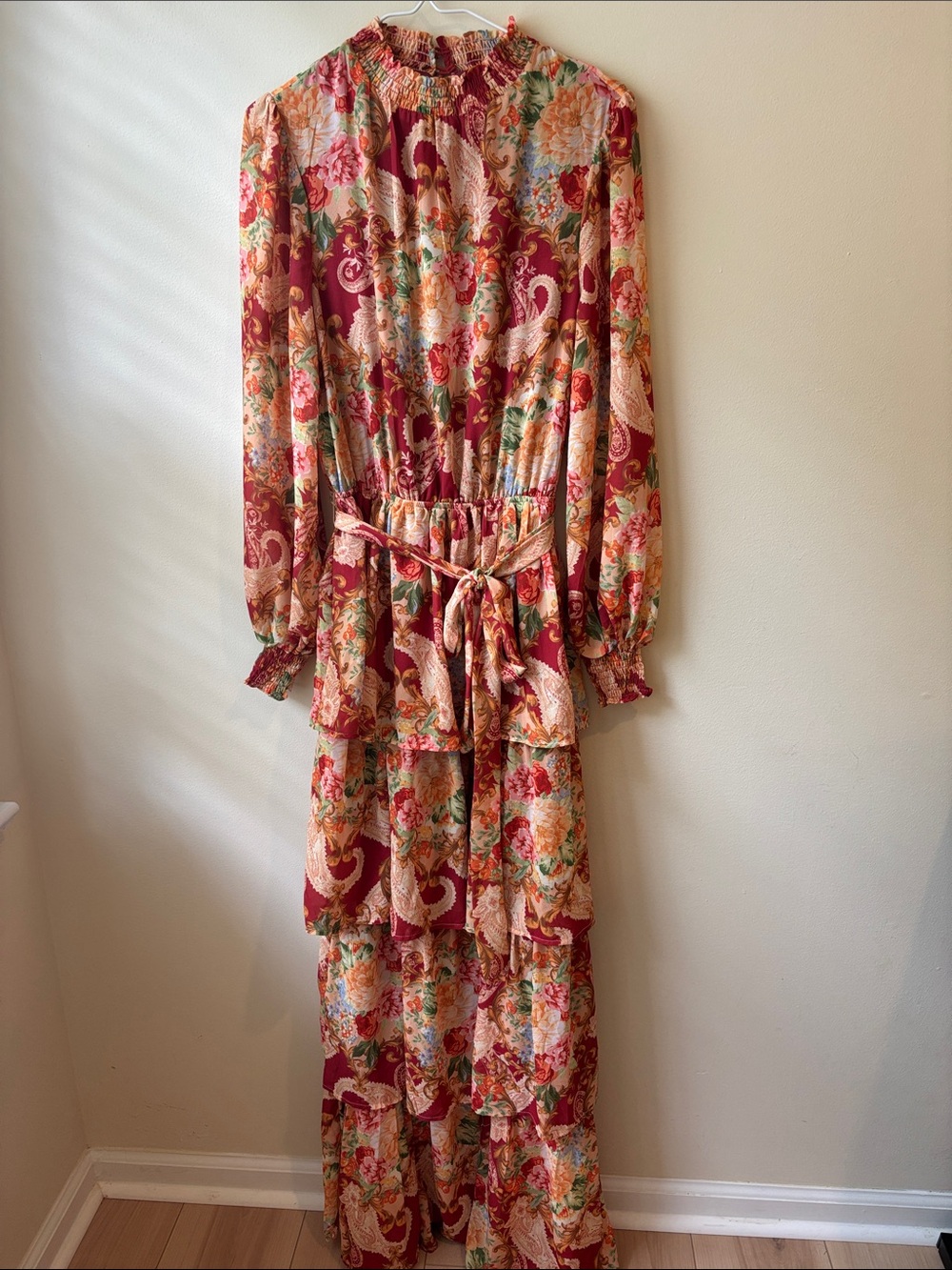 Flying Tomato Red and Cream Paisley Floral Tiered Maxi Dress Sheer Sleeves
